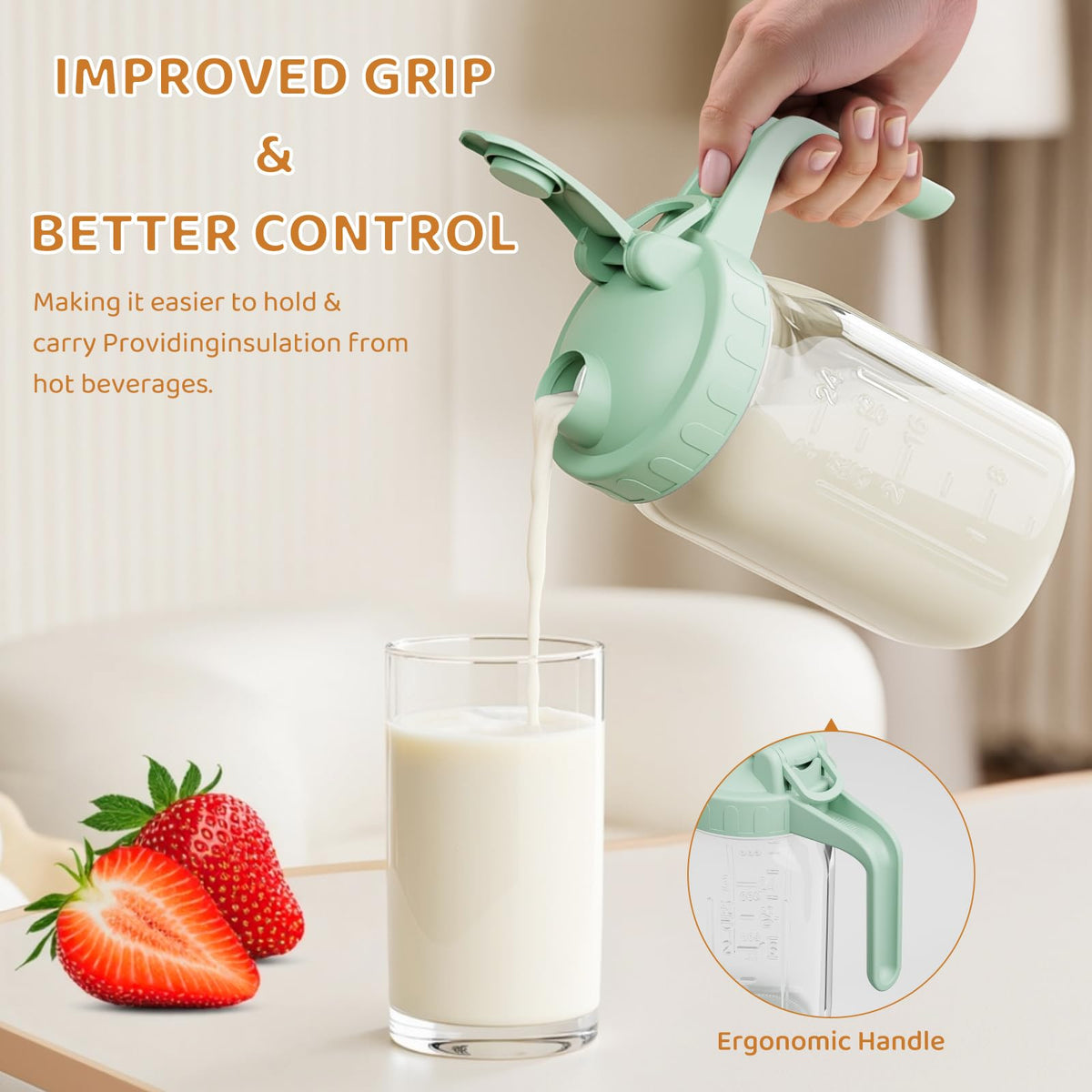 OneDream glass jar with green flip-cap lid seals tight to prevent spills.