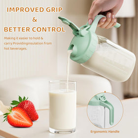 OneDream glass jar with green flip-cap lid seals tight to prevent spills.