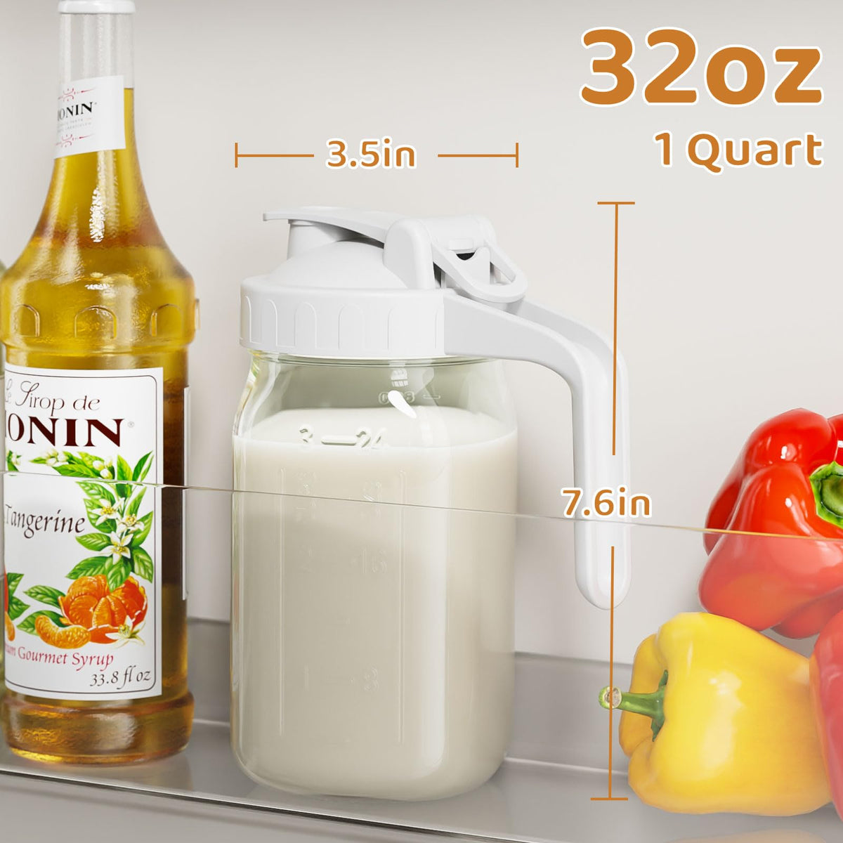 OneDream wide-mouth mason jar pitcher 32oz ideal for cold beverages and batch chilling.