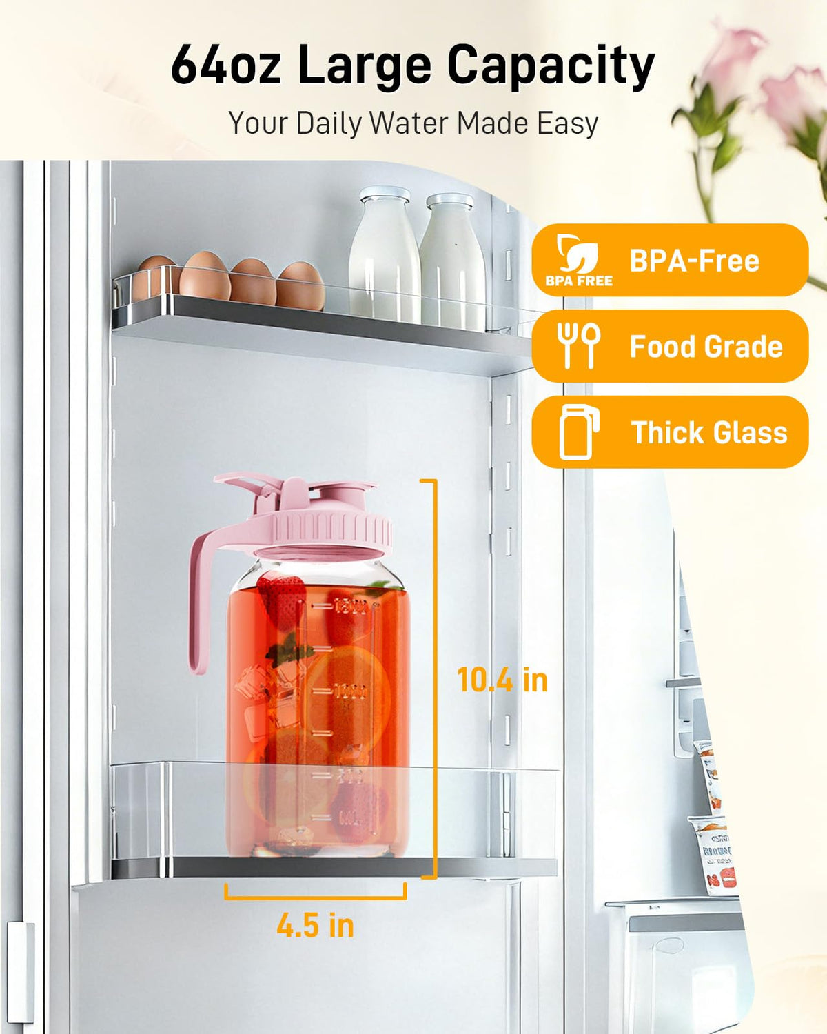 OneDream wide-mouth pour-spout glass pitcher enables easy, controlled pouring.