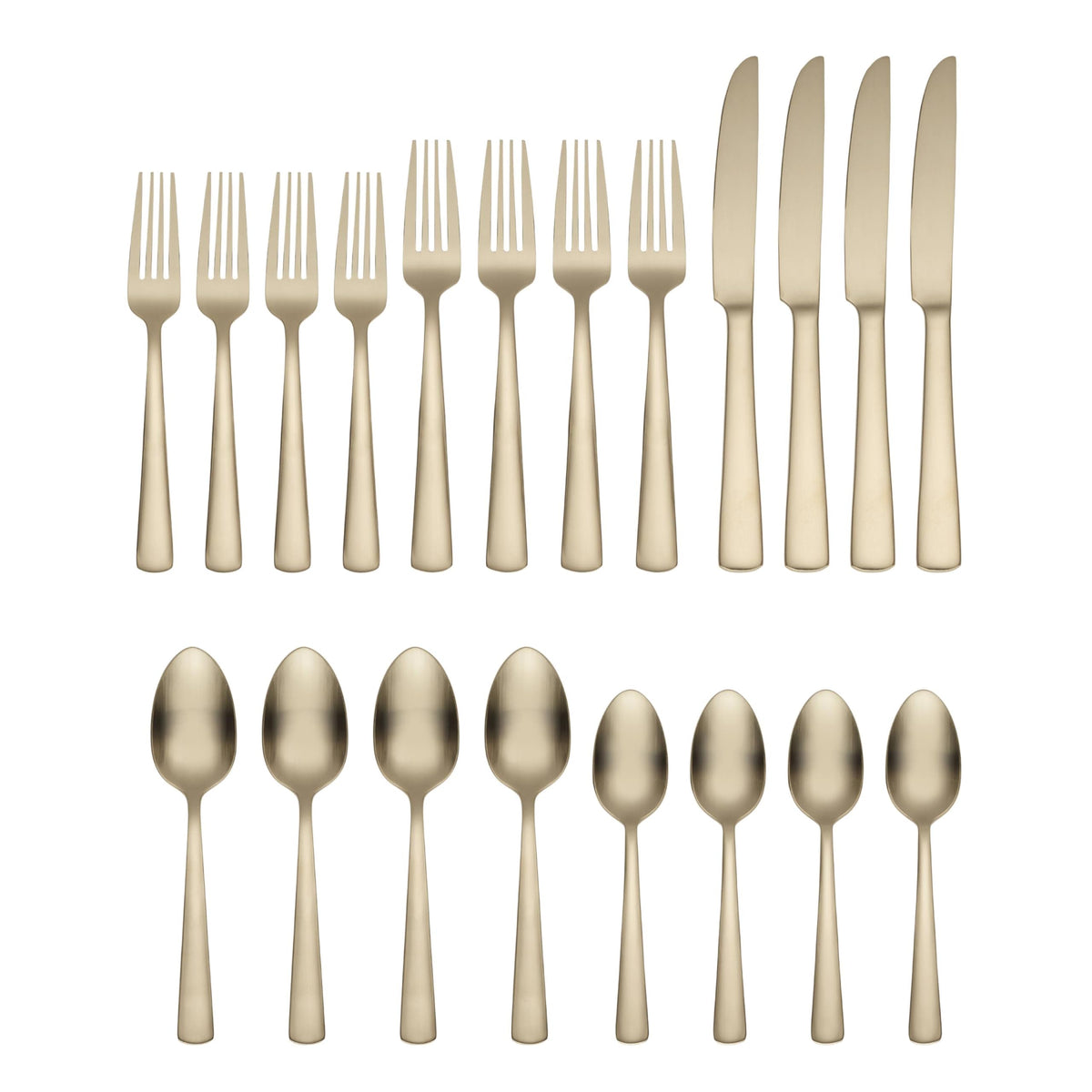 Oneida Aptitude Champagne Satin 20-piece set shown with four complete place settings.