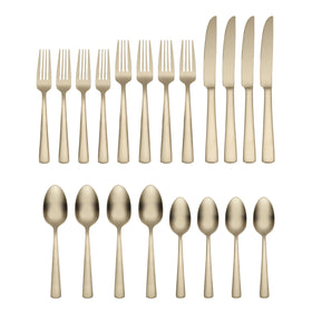 Oneida Aptitude Champagne Satin 20-piece set shown with four complete place settings.