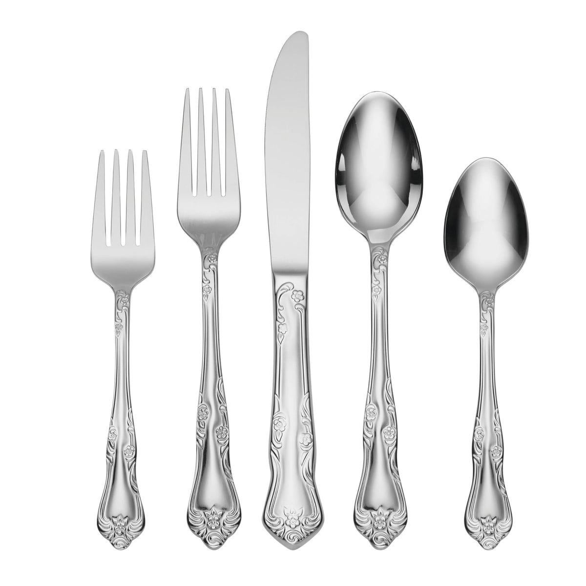 Oneida Azalea 45-piece flatware set for eight with a floral design for daily dining.