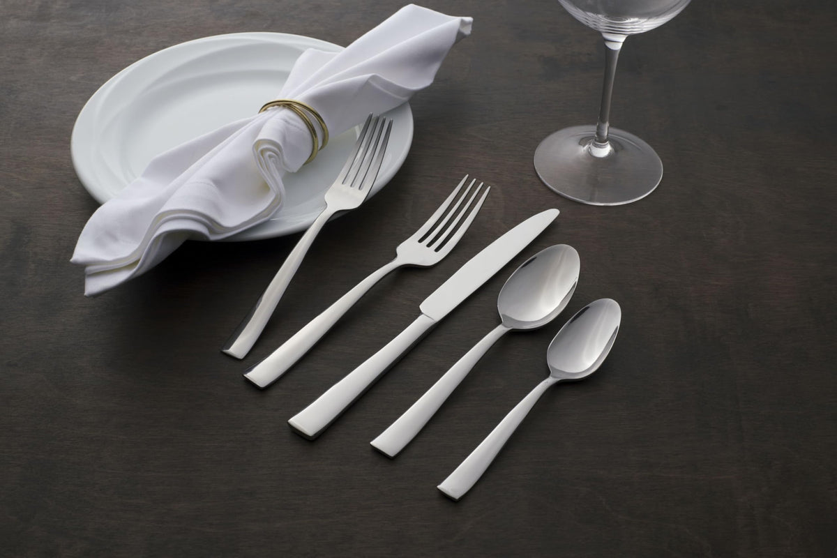 Oneida Monolith flatware close-up shows sleek lines.