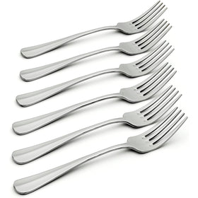 Oneida Savor dinner fork set in dishwasher-safe stainless steel for simple cleanup after meals.
