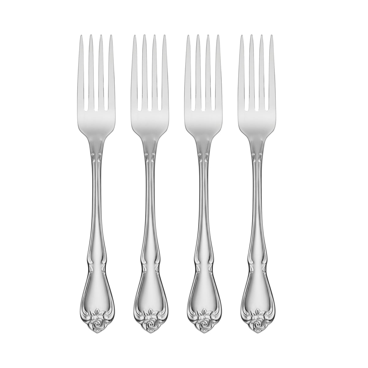 Oneida True Rose dinner forks, elegant for daily use and rust-resistant durability.