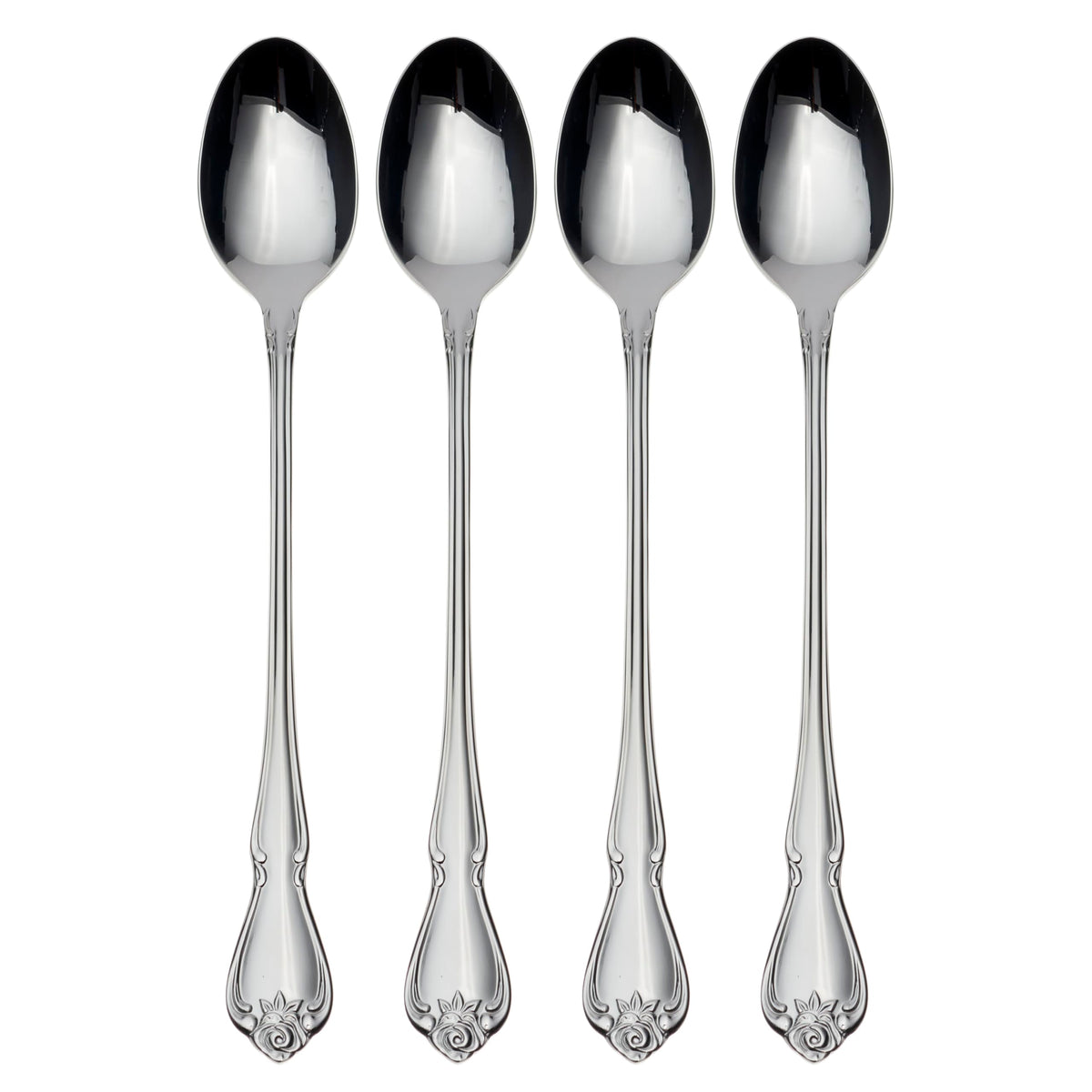 Oneida True Rose iced tea spoons set of four in silver with a refined finish.