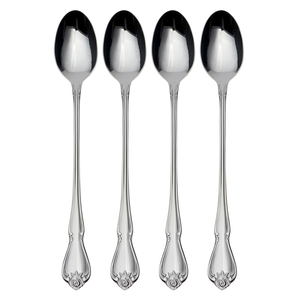Oneida True Rose iced tea spoons set of four in silver with a refined finish.