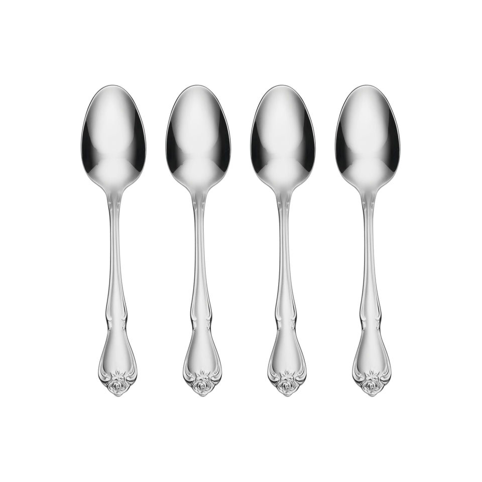 Oneida True Rose teaspoons with a mirror finish for elegant daily dining.