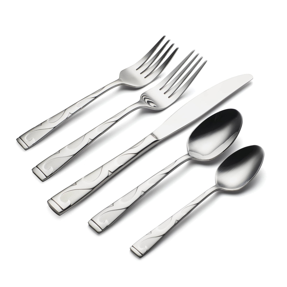 Close-up of Oneida Tuscany flatware scrollwork and frosted centers.