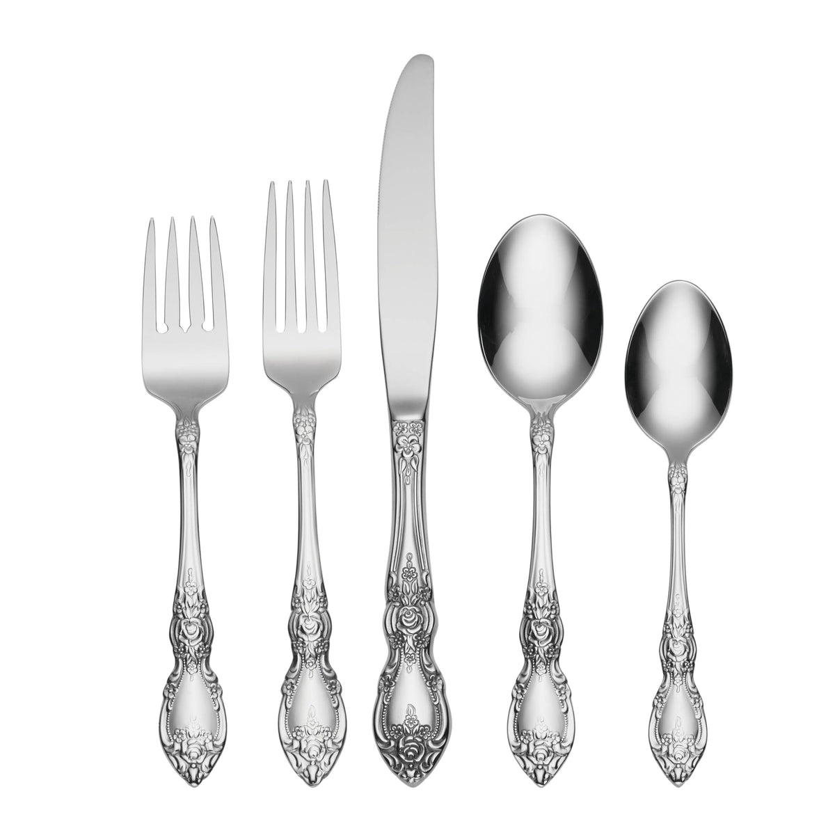 Oneida Wordsworth 45-piece set for 8 flatware with ornate floral handles enhances formal dinners.