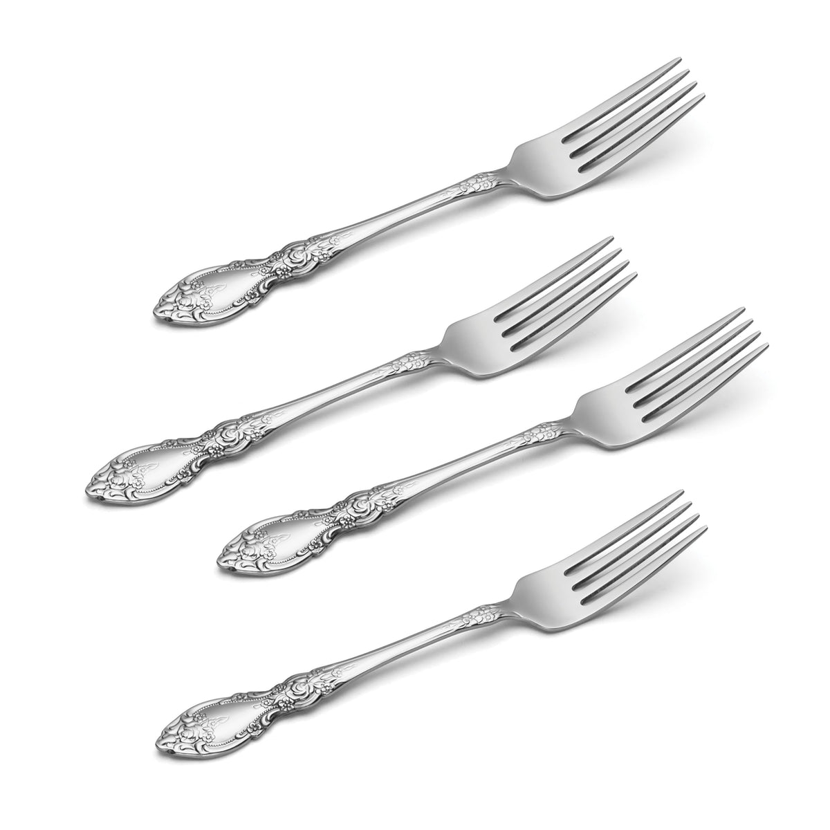 Close-up of Wordsworth forks showing floral handle design for everyday dining.