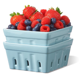 ONEMORE Berry Basket blue front view, perfect for washing and serving berries.