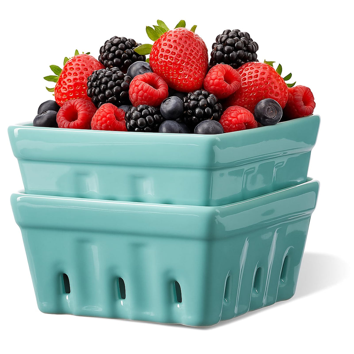 ONEMORE Berry Basket ceramic bowl on counter for rinsing and serving berries.