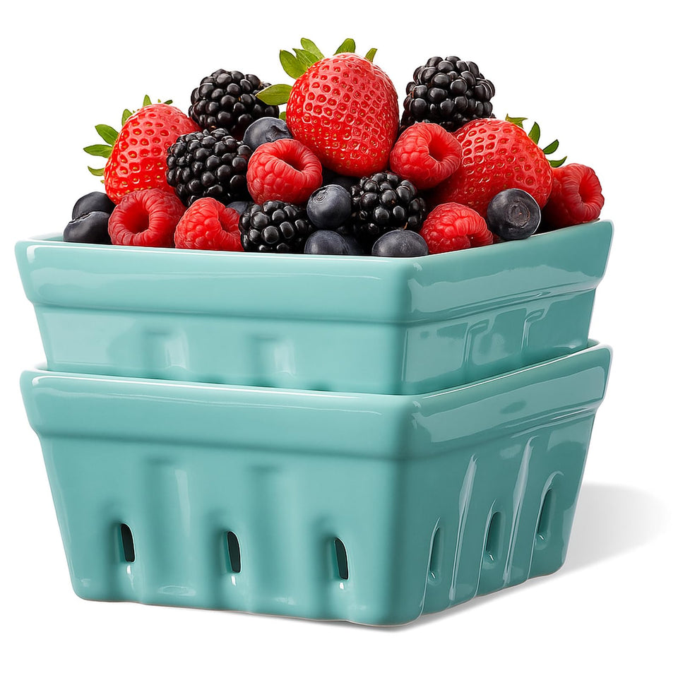 ONEMORE Berry Basket ceramic bowl on counter for rinsing and serving berries.