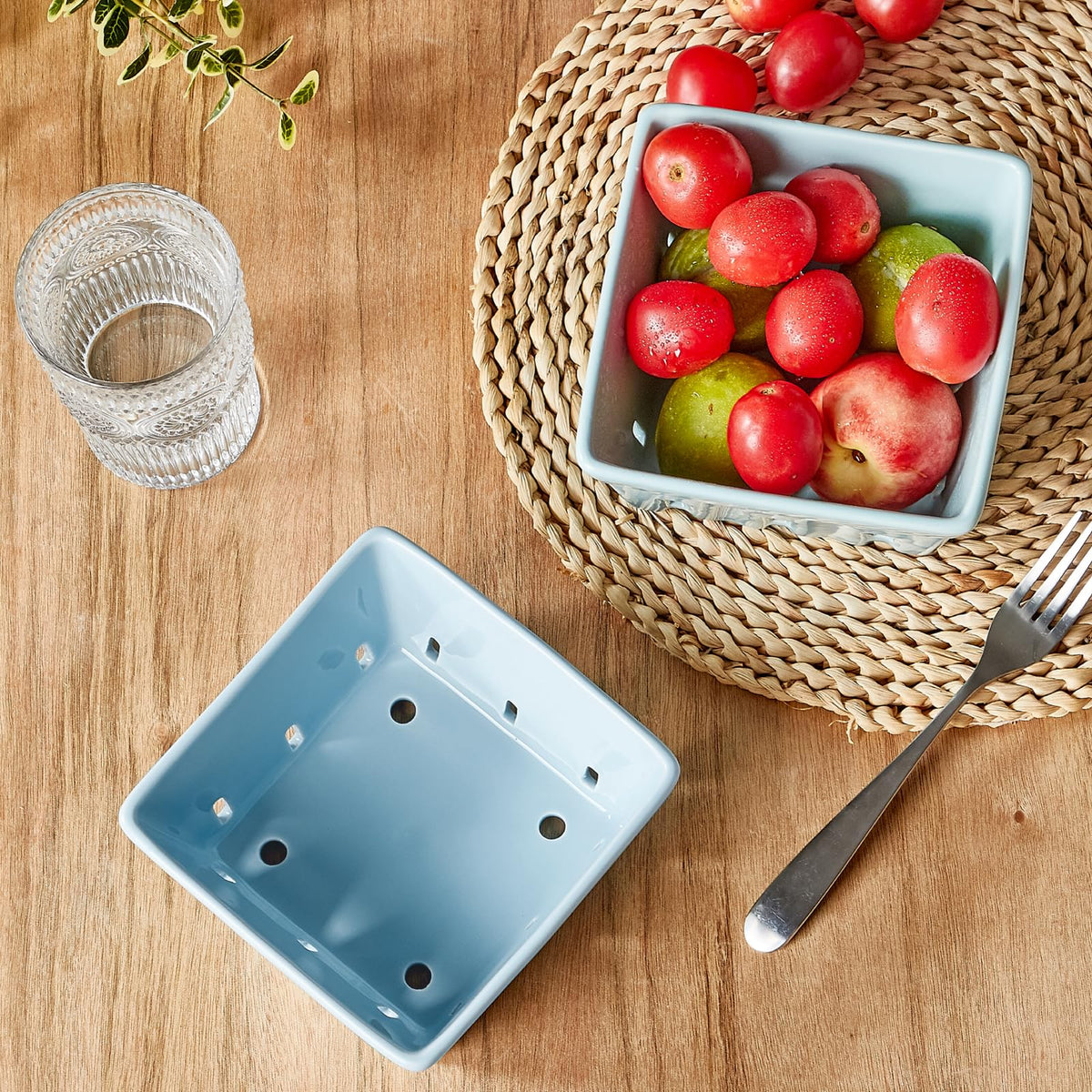ONEMORE Berry Basket blue with drainage holes ideal for fridge storage of berries.