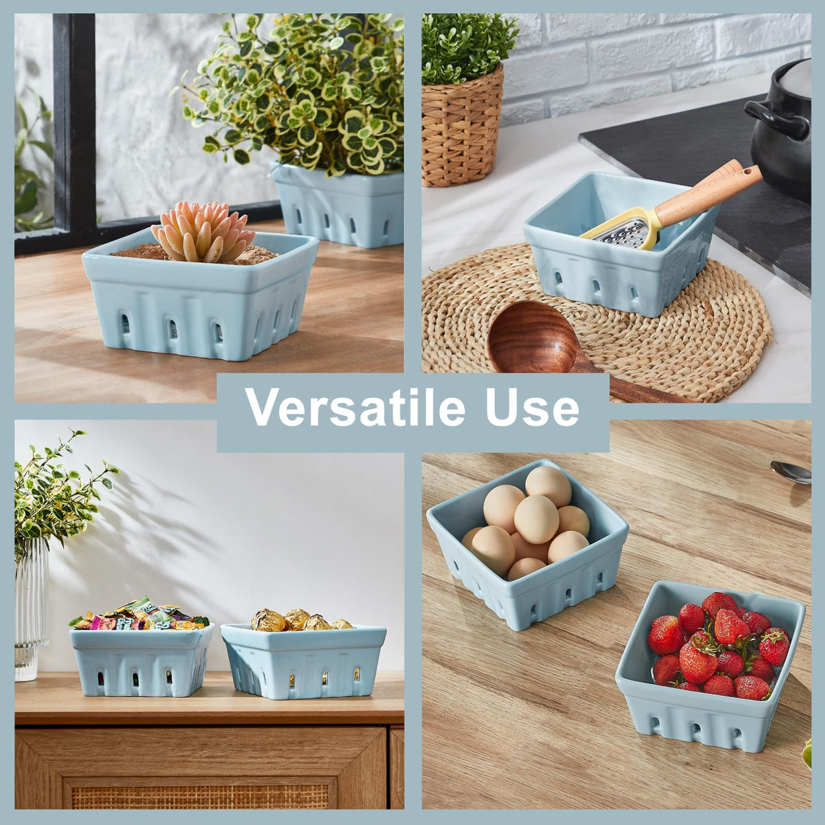 ONEMORE Berry Basket blue stacked set highlighting space-saving storage.