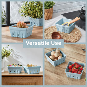ONEMORE Berry Basket blue stacked set highlighting space-saving storage.
