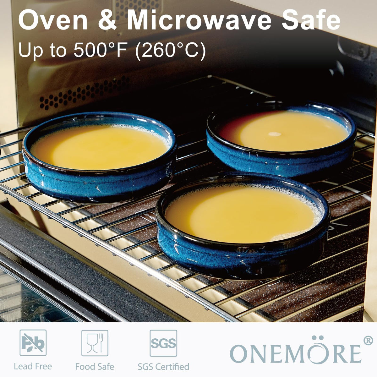 ONEMORE blue-glaze ramekins enhance plating and dessert presentation.