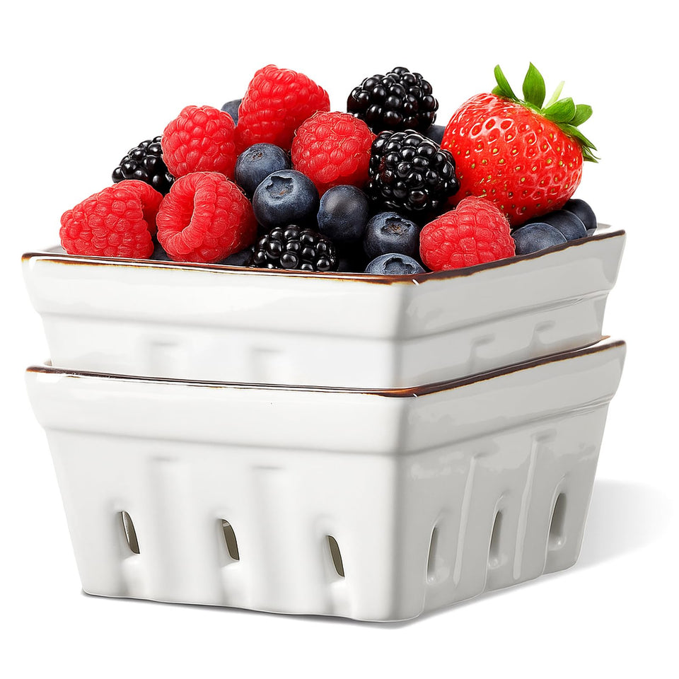 ONEMORE ceramic berry basket with holes for airflow keeps berries fresher