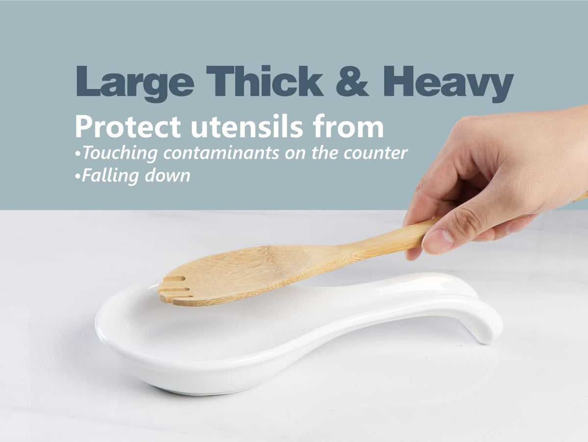 ONEMORE ceramic spoon rest with extra-wide base accommodates bulky utensils.