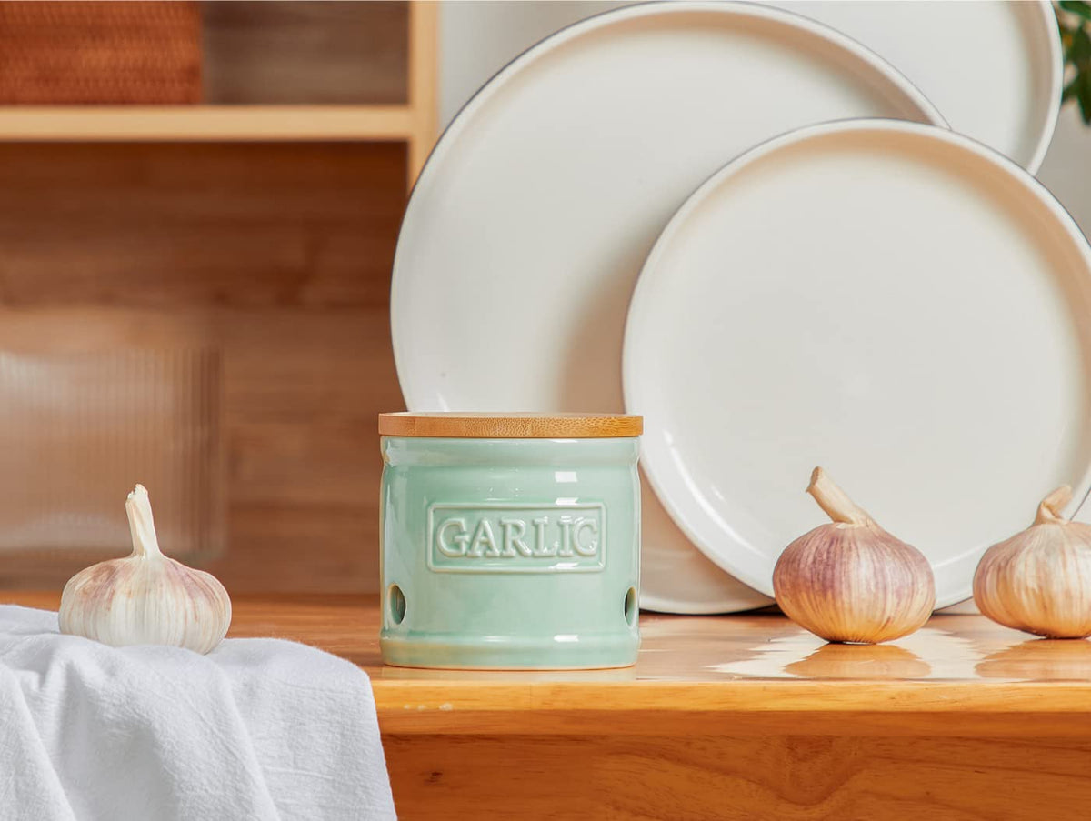 ONEMORE porcelain garlic saver ventilation holes help keep garlic fresh.