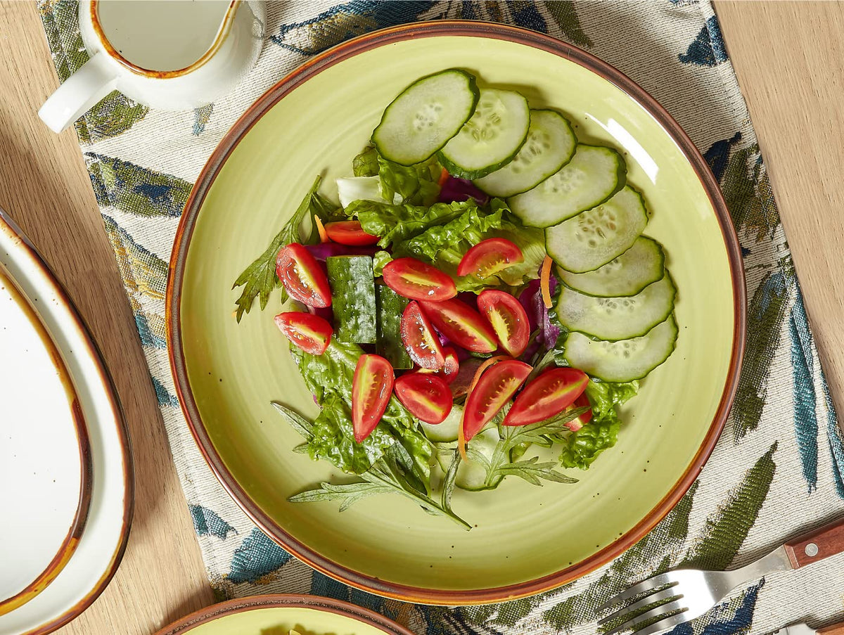 ONEMORE porcelain plates 10.5-inch bronze rim detail enhances retro charm at dining.