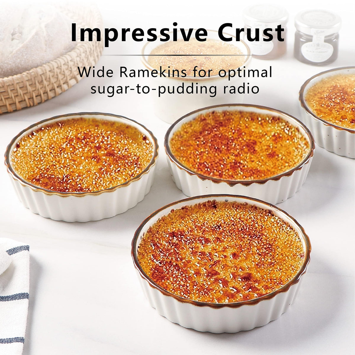 ONEMORE 4oz ramekins with brown rim add warm presentation.