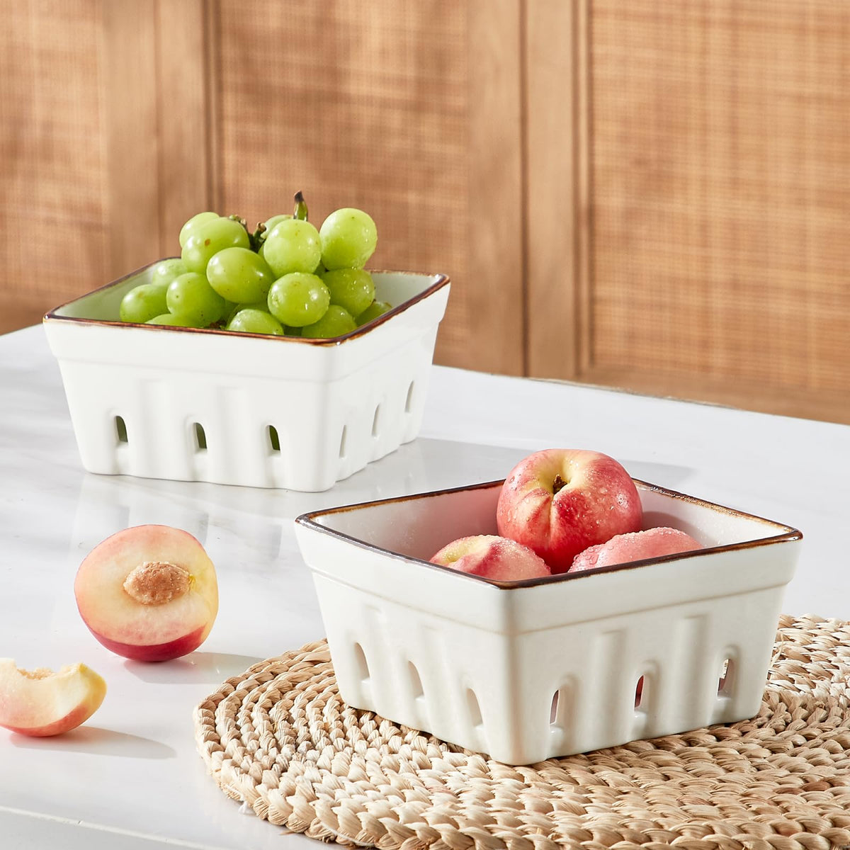 ONEMORE square fruit bowl in cream white with brown rim for display and storage