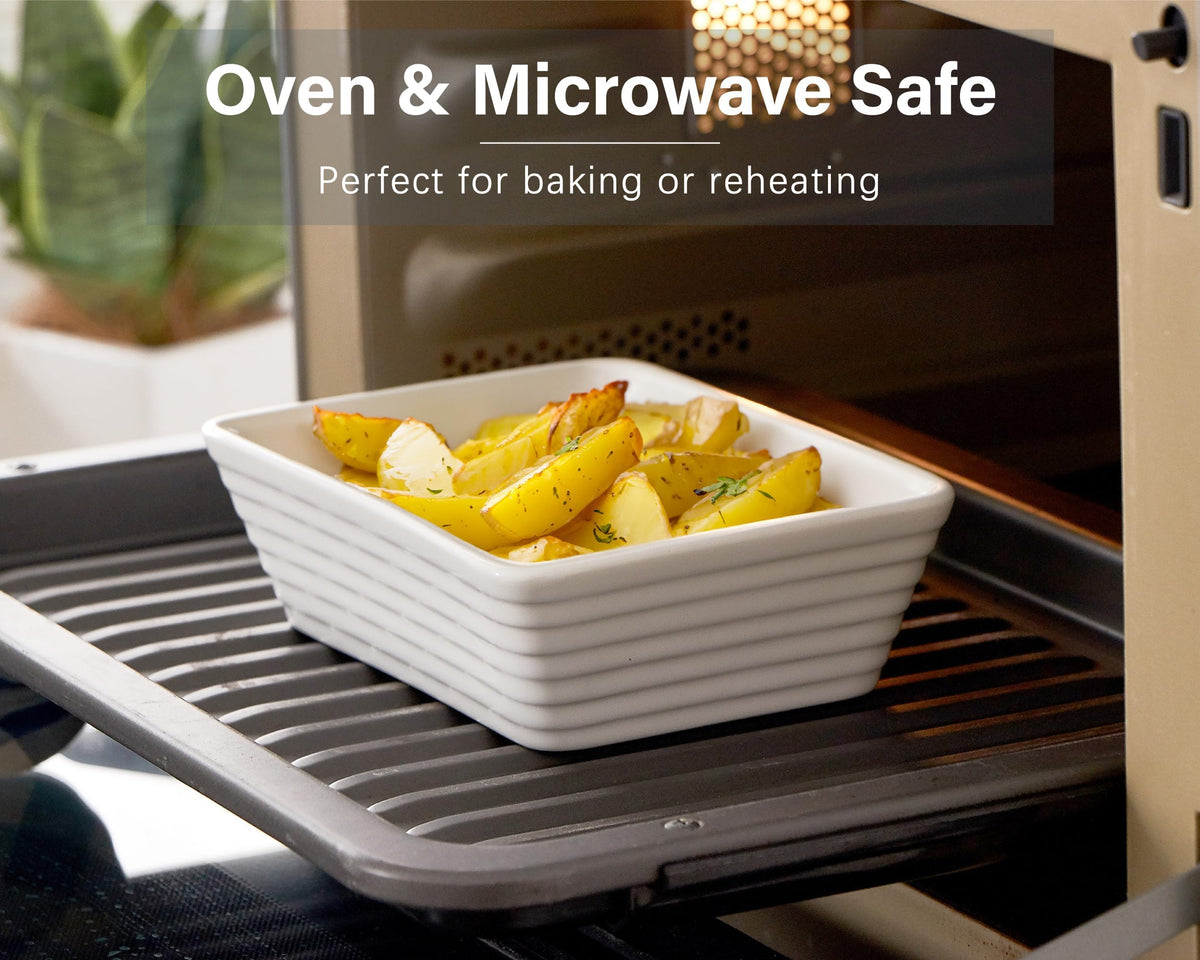 ONEMORE toaster-oven-friendly dish in white, saves countertop space.