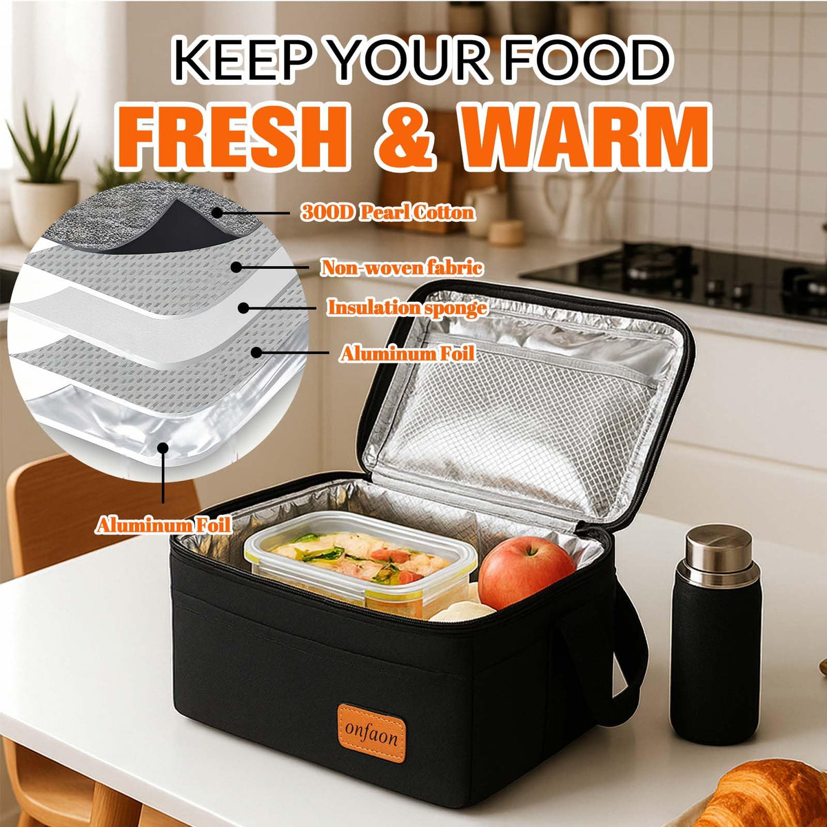 ONFAON insulated tote keeps foods cold or warm during outings.