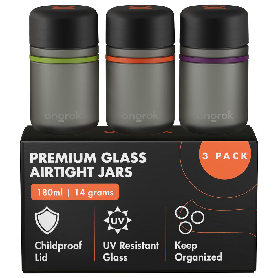 ONGROK glass storage jar front view with 180ml capacity and UV-resistant glass preserves aroma