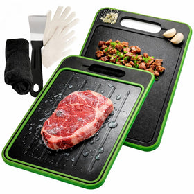 ONIXCORE 4-in-1 defrosting tray showing rapid thaw on aluminum plate