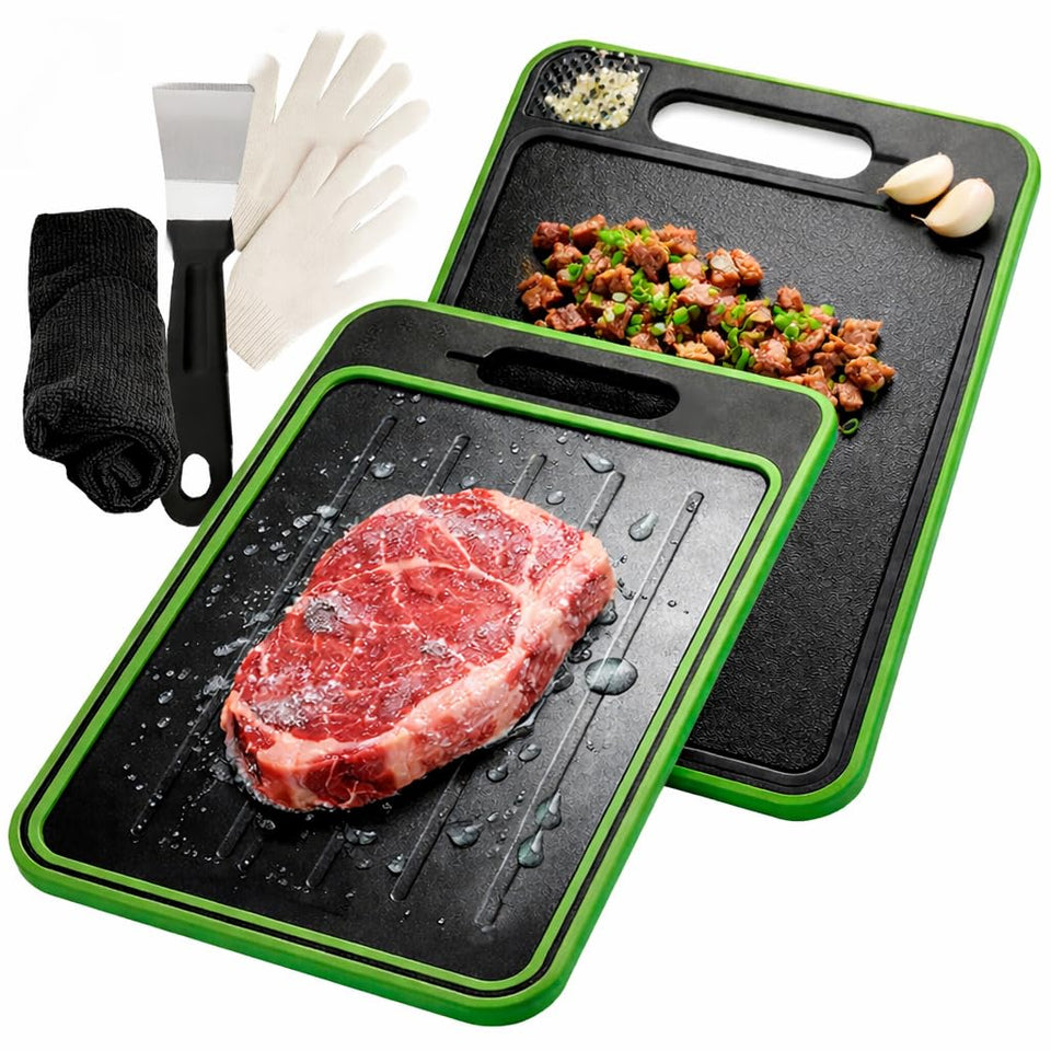ONIXCORE 4-in-1 defrosting tray showing rapid thaw on aluminum plate