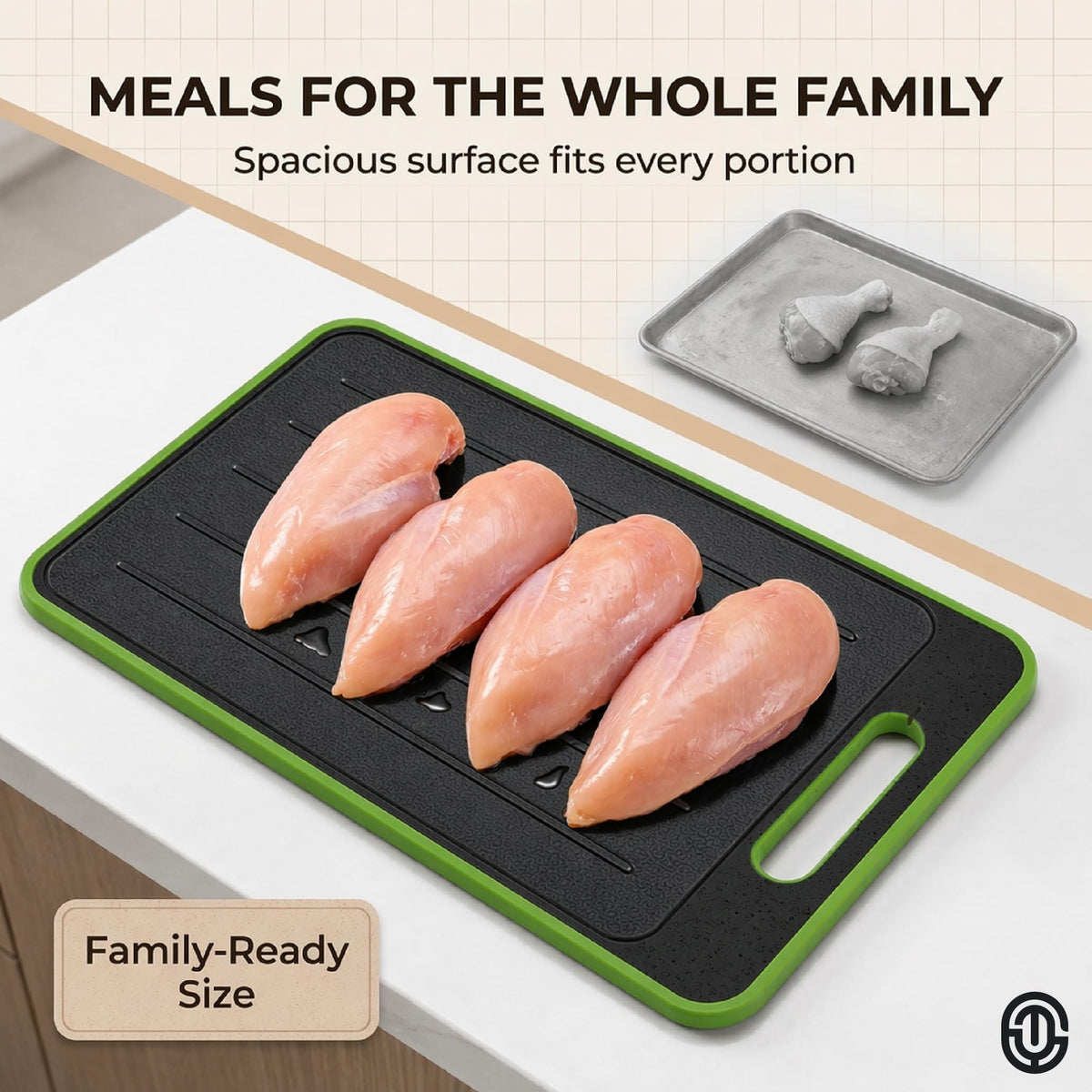 ONIXCORE defrosting tray functioning as cutting board during meal prep