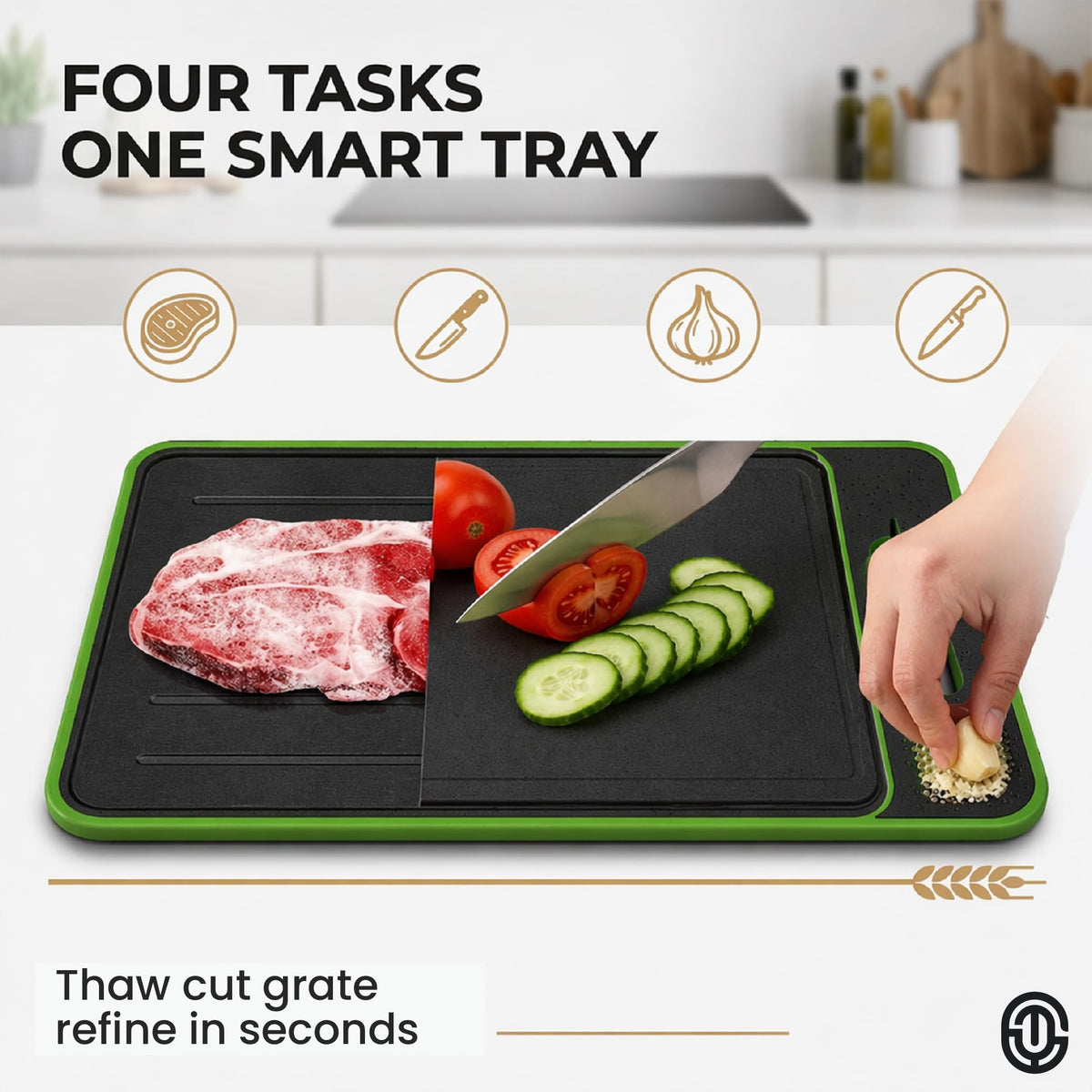 ONIXCORE defrosting tray non-slip feet stabilize on countertop