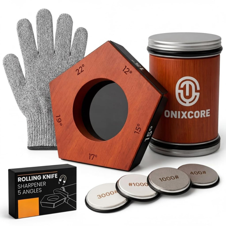 ONIXCORE rolling knife sharpener base with angle guide for precise at-home sharpening.