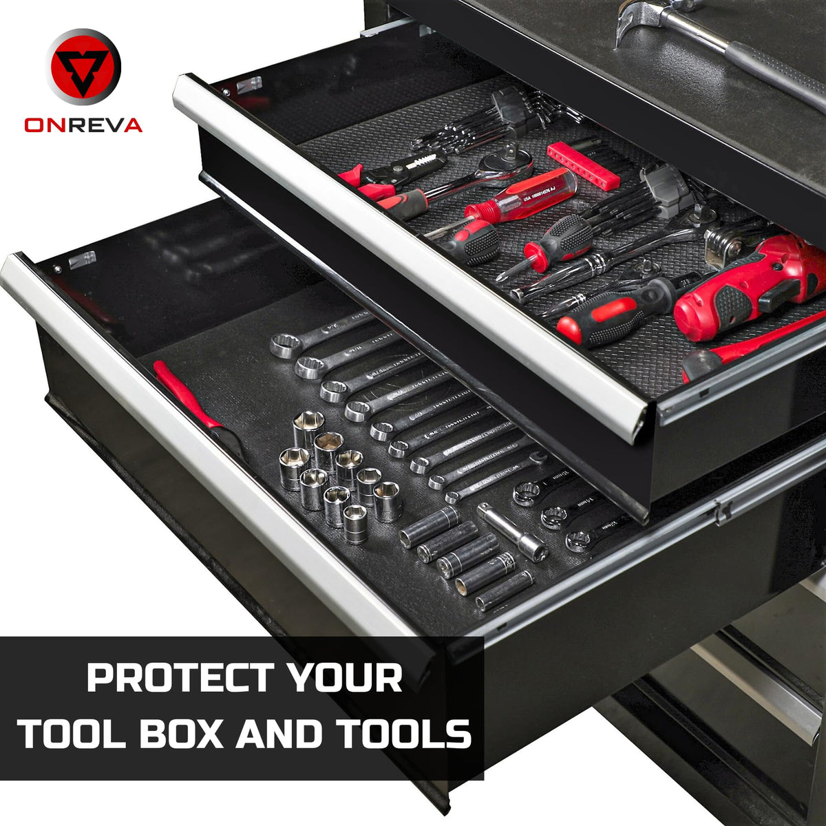 Onreva toolbox liner—non-slip surface—keeps tools secure during use.