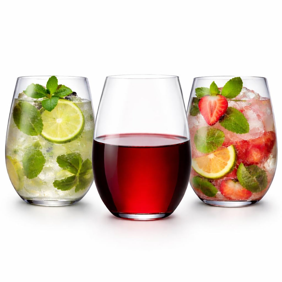 Oojami 48-piece 10oz stemless unbreakable wine glasses set for entertaining and outdoor use.