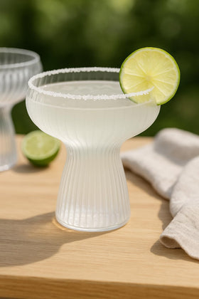 Oojami Lunara margarita glass top view emphasizes light-catching ribs for elegant table setting.