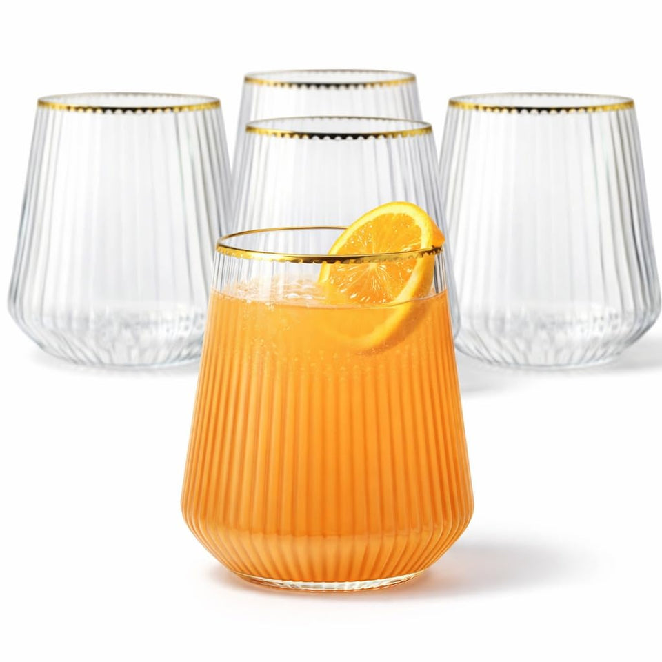 Oojami Origami Ripple stemless 14oz glass; stylish, durable for parties and outdoor gatherings.