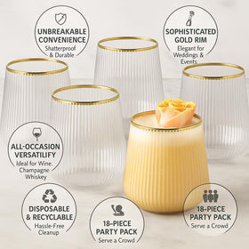 Oojami Origami Ripple stemless 14oz glass with gold rim; upscale vibe for weddings.