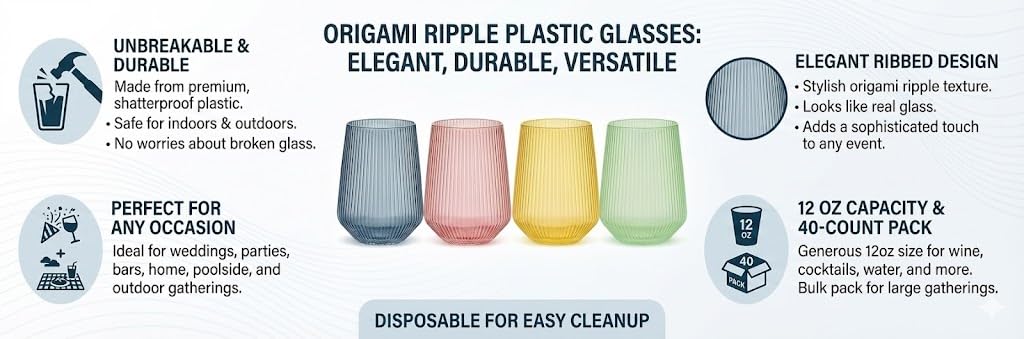 Oojami Ripple Origami glass wedding table, elegant spill-safe design.