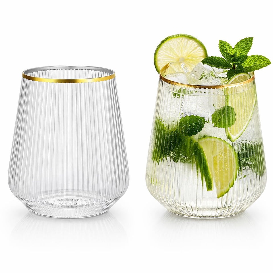 Oojami Ripple Origami Stemless Glass close-up showing elegant ribbed texture and durability.