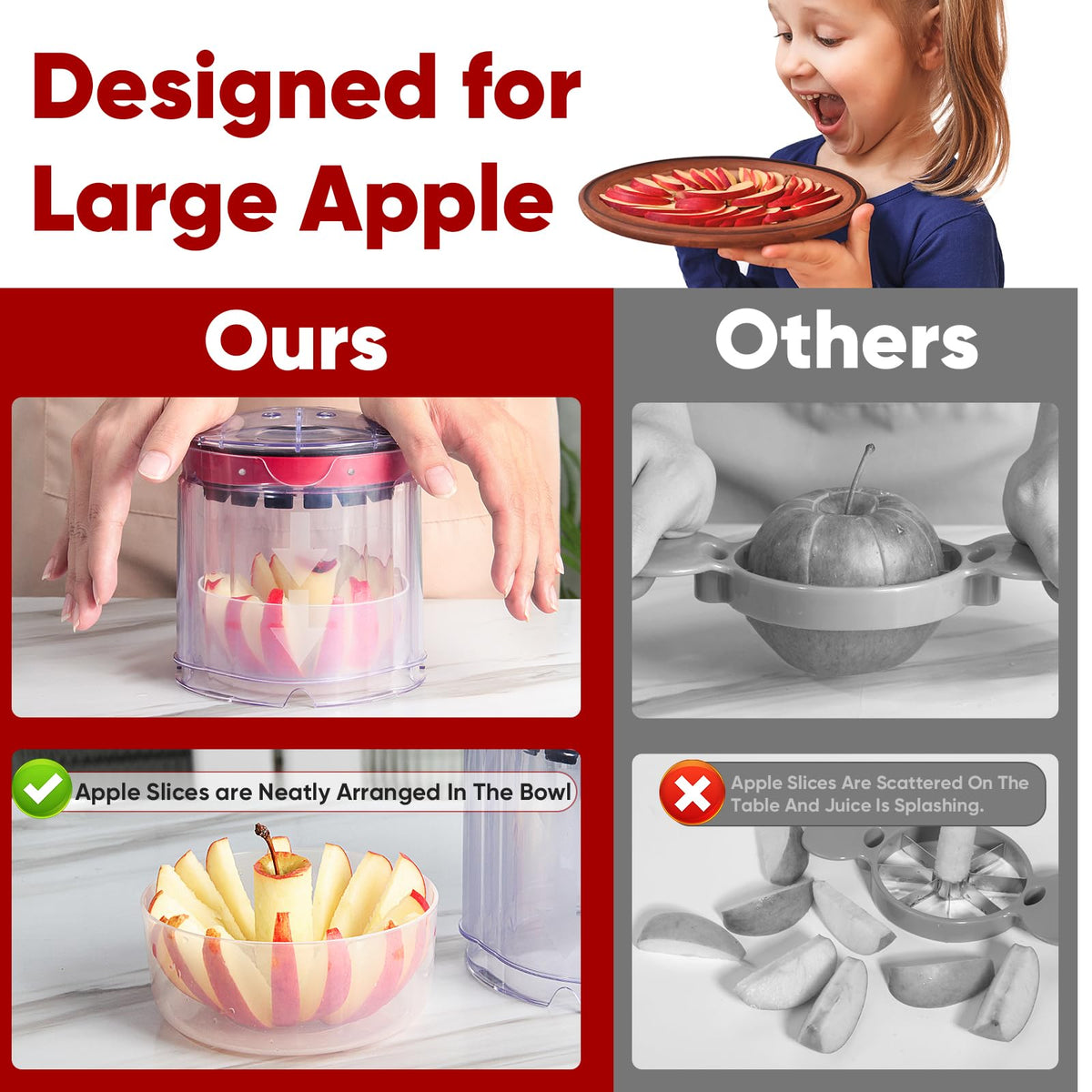 OOKUU apple slicer with safety guard keeping hands away from blades during use.