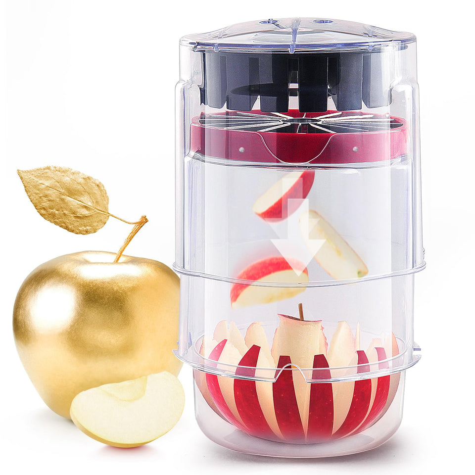 OOKUU extra-large apple slicer 16 blades delivering fast, mess-free slices into the catch bowl.