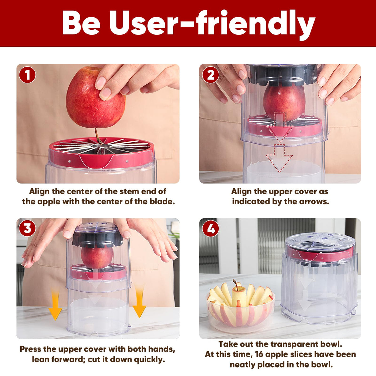 OOKUU large 5.12-inch slicer fits small to large apples, enabling even slices.