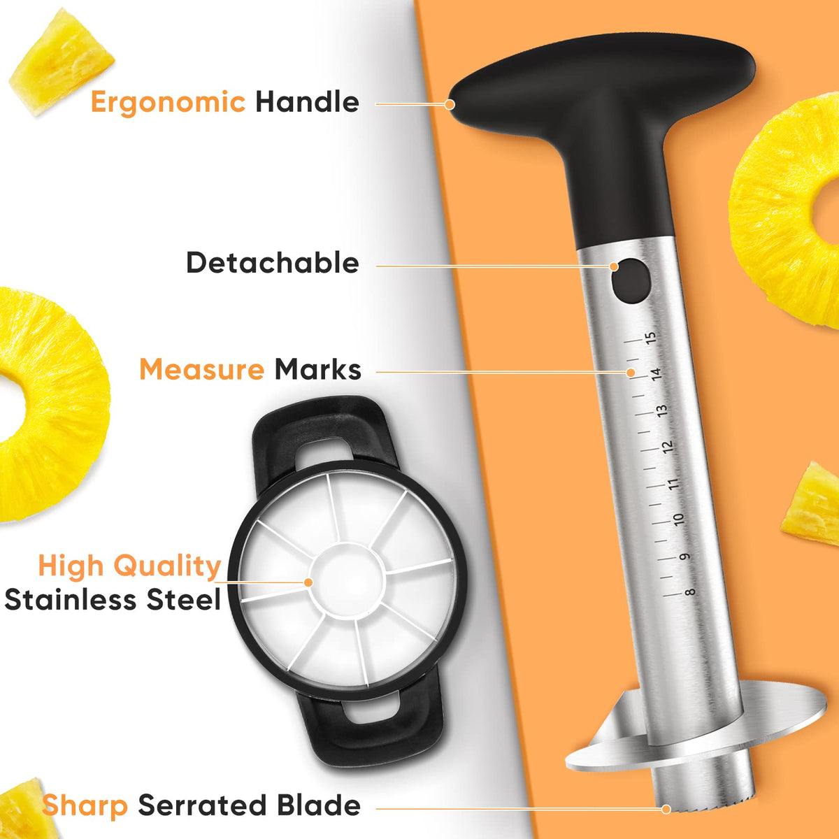 OOKUU pineapple corer ergonomic handle provides comfortable grip during peeling.
