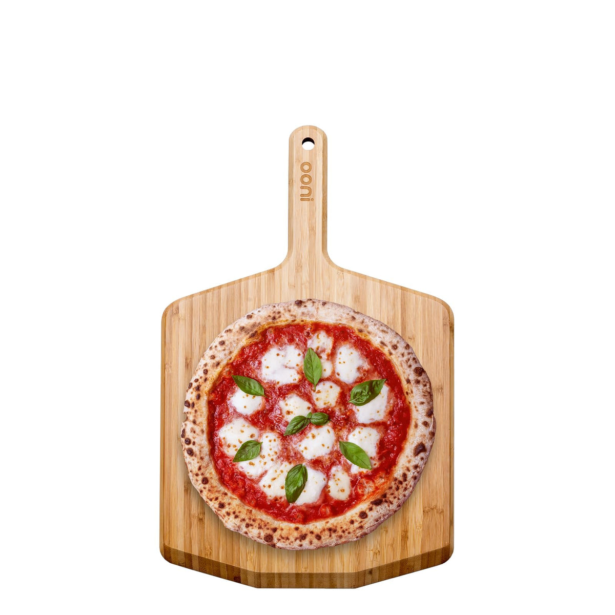 Ooni 12-inch bamboo pizza peel front view, lightweight for easy pie launch