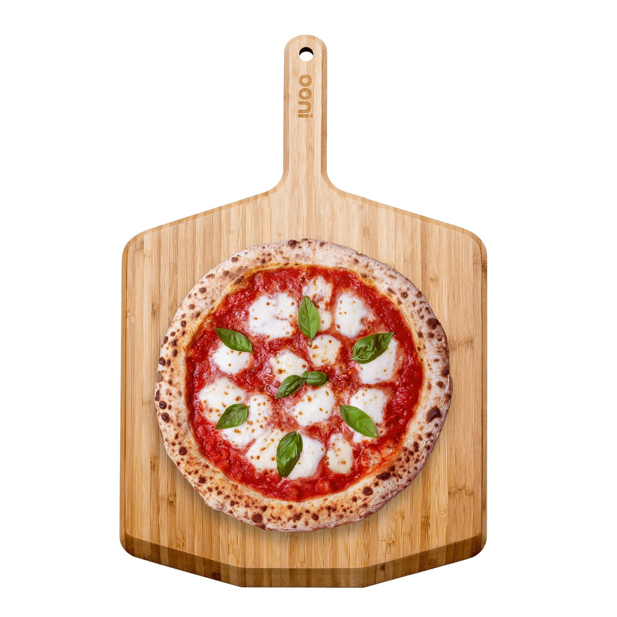 Ooni 16-inch bamboo pizza peel ready to slide dough smoothly.
